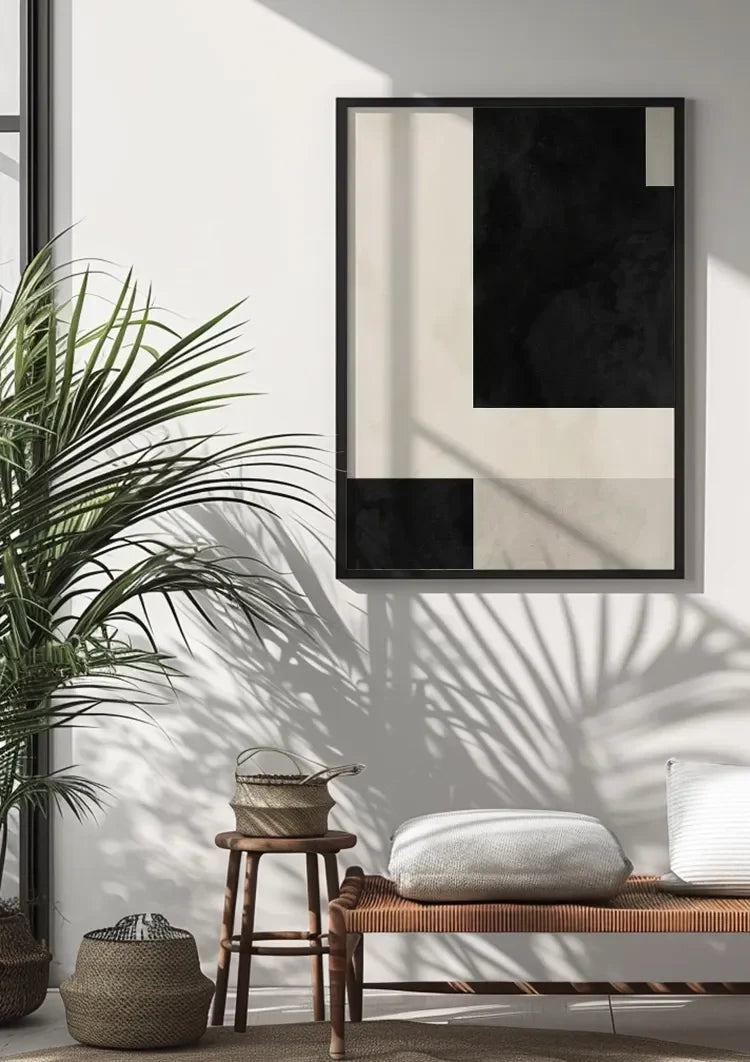 Geometrische Abstrakte Komposition Schwarz Weiß Beige Minimalistisches Gemälde
