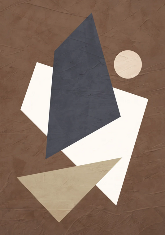 Abstracte geometrische vormen canvas schilderij in blauw, bruin en beige