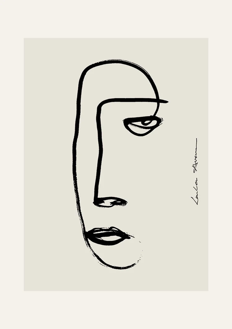Frauengesicht Linienzeichnung Minimalistische Abstrakte Kunst Beiges Gemälde