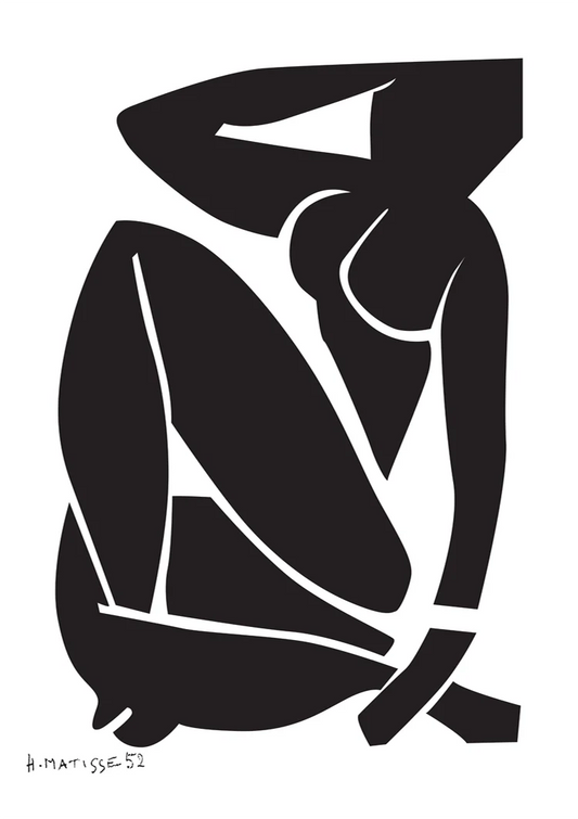 Matisse silhouet canvas schilderij in zwart en wit, expressieve vloeiende vormen