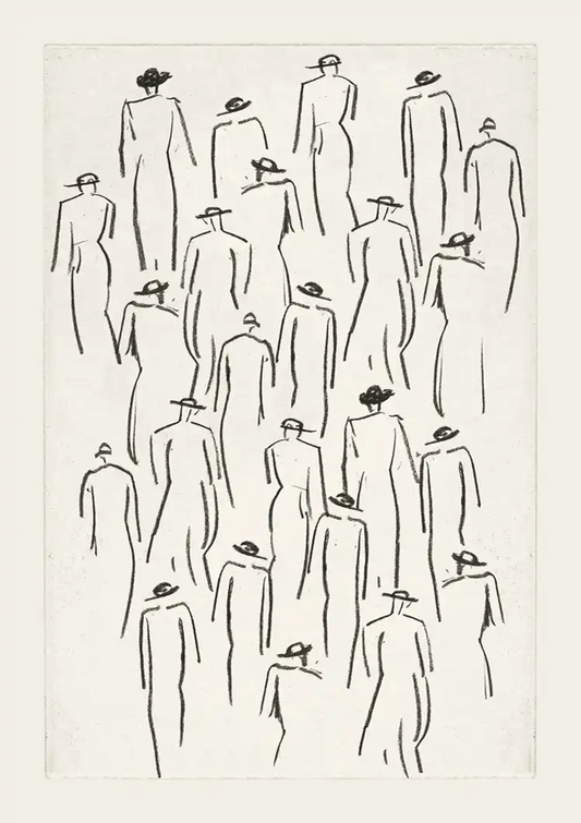 Menigte met hoeden canvas schilderij in zwart en crème, grafisch en minimalistisch