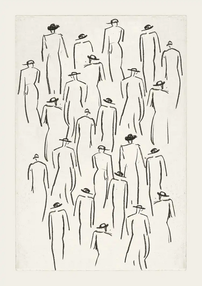 Menschenmenge mit Hüten Strichzeichnung Minimalistisch Schwarz-Weiß Menschen Kunst Malerei