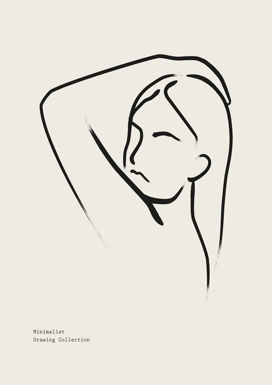 Vrouw met arm omhoog canvas schilderij in zwart en crème, elegante lijntekening