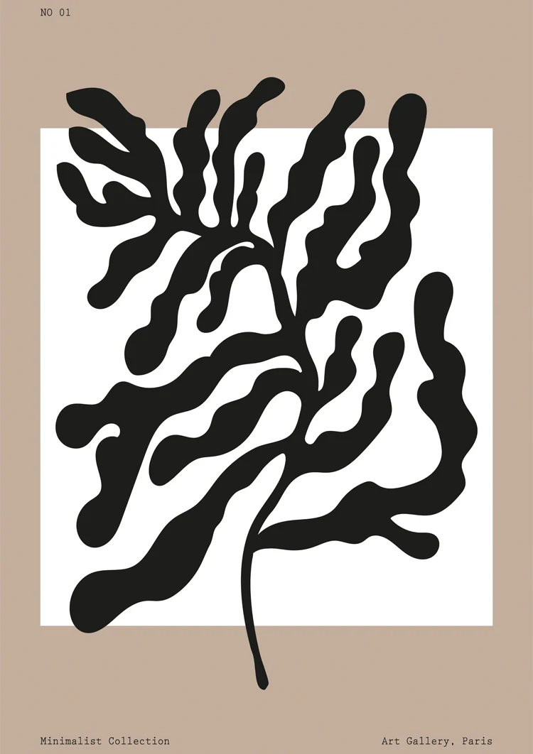 Zwarte Abstracte Bladvormen Beige Expressief Organisch Botanisch Kunst Schilderij