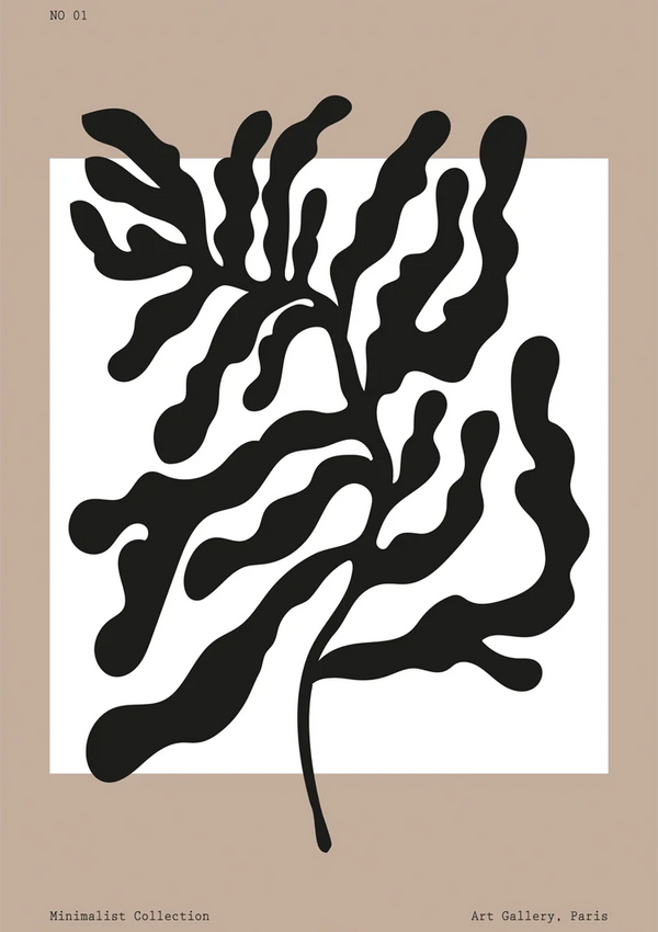 Zwarte Abstracte Bladvormen Beige Expressief Organisch Botanisch Kunst Schilderij