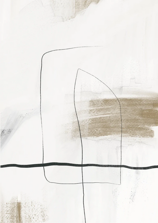 Beige verfstrepen canvas schilderij in beige en zwart, abstract en minimalistisch