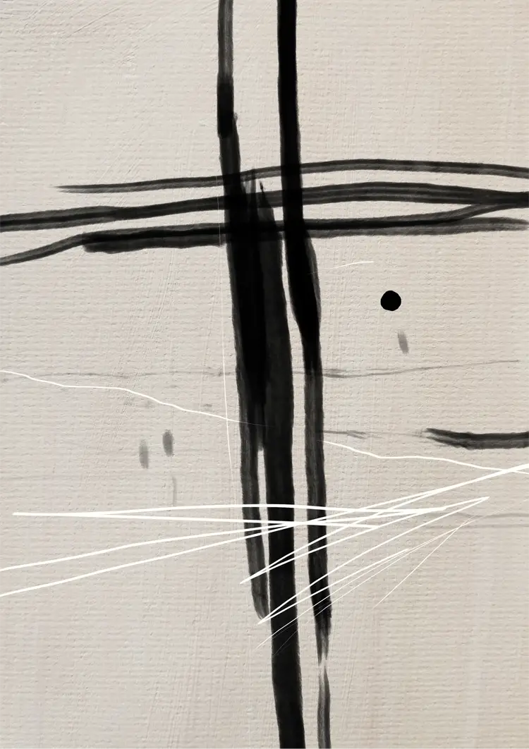 Black Cross Brushstrokes Beige Abstract Expressive Minimalist Art Painting