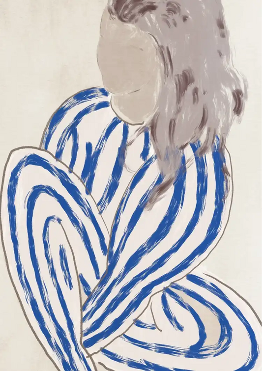 Vrouw in blauwe lijnen canvas schilderij in blauw en beige, een expressionistische stijl