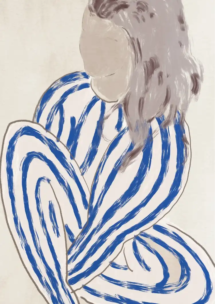 Frau Blaue Gestreifte Linien Abstrakt Figur Modern Expressionistisches Gemälde