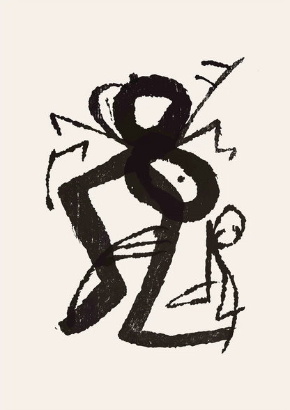 Grafische Figuren Zwarte Inkt Primitief Expressief Beige Schilderij