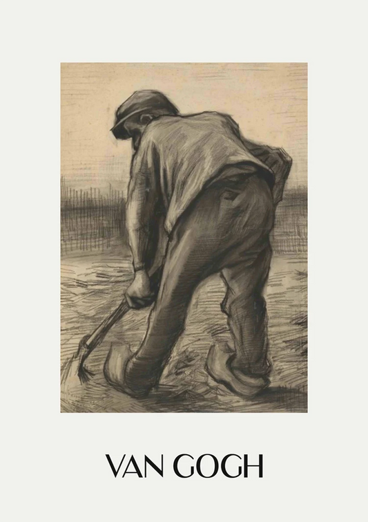 Schetsmatige boer met bezem canvas schilderij in Van Gogh stijl