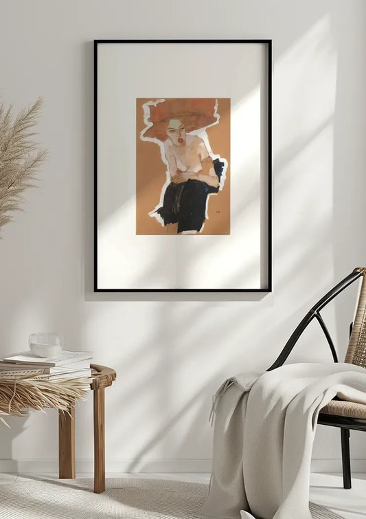 Vrouw met hoed canvas schilderij aan de wand in de hal