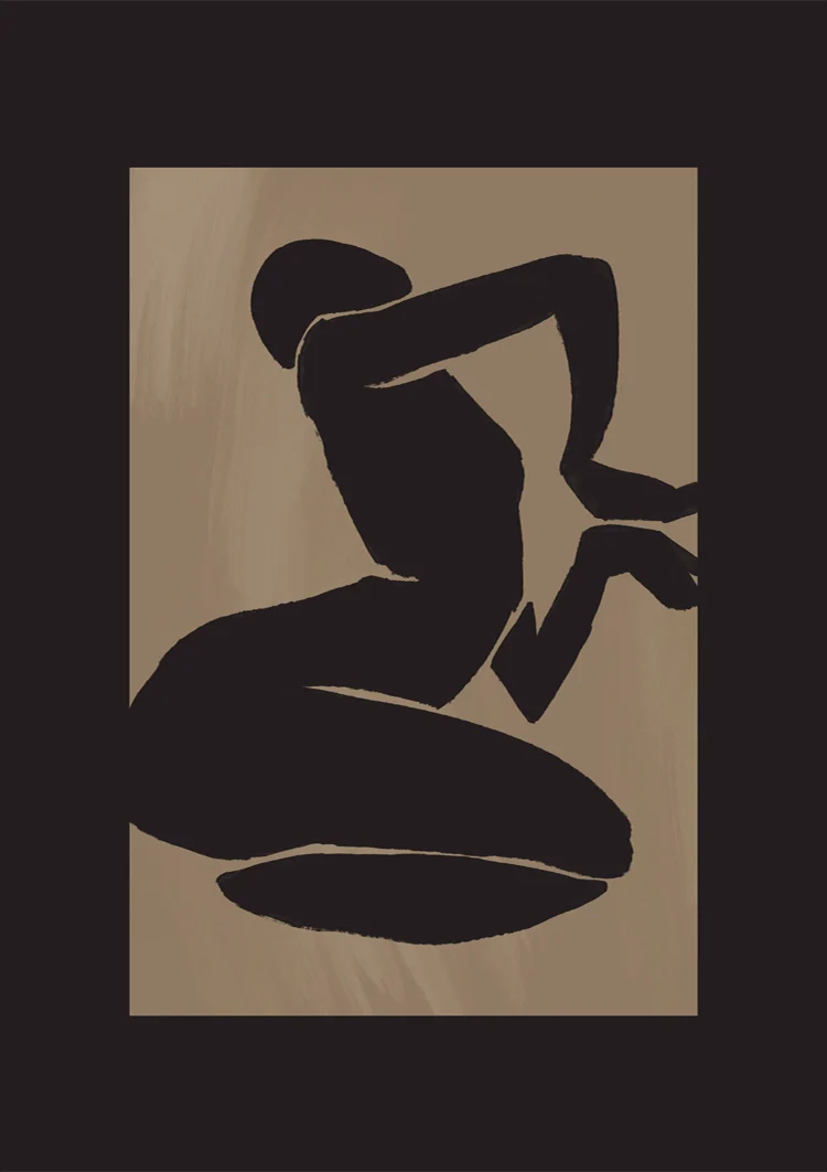 Black Silhouette Female Figure Kneeling Matisse Style Beige Painting