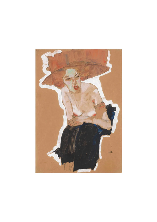 Vrouw met hoed canvas schilderij in warme oranje tinten, met expressieve penseelstreken