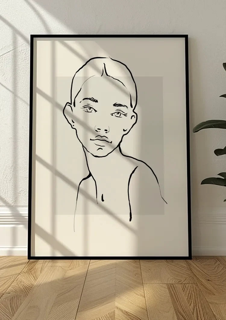 Elegancka kobieta czarna linia sztuka beżowe tło minimalistyczny portret obraz na płótnie
