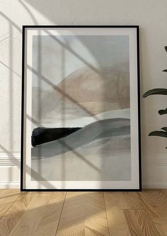 Abstracte Golvende Penseelstreken Beige Grijs Minimalistisch Canvas Schilderij