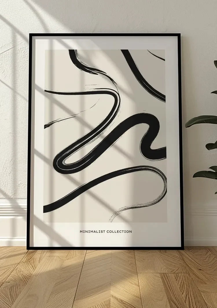 Black Flowing Lines Abstract White Modern Painting