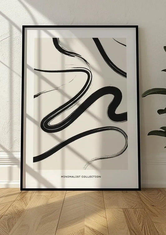Abstracte zwarte lijnen canvas schilderij aan de muur bij de voordeur in de hal