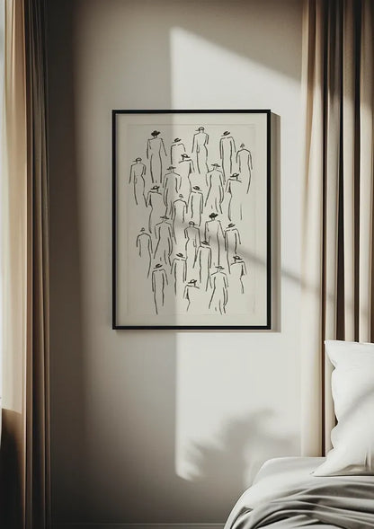 Menschenmenge mit Hüten Strichzeichnung Minimalistisch Schwarz-Weiß Menschen Kunst Malerei