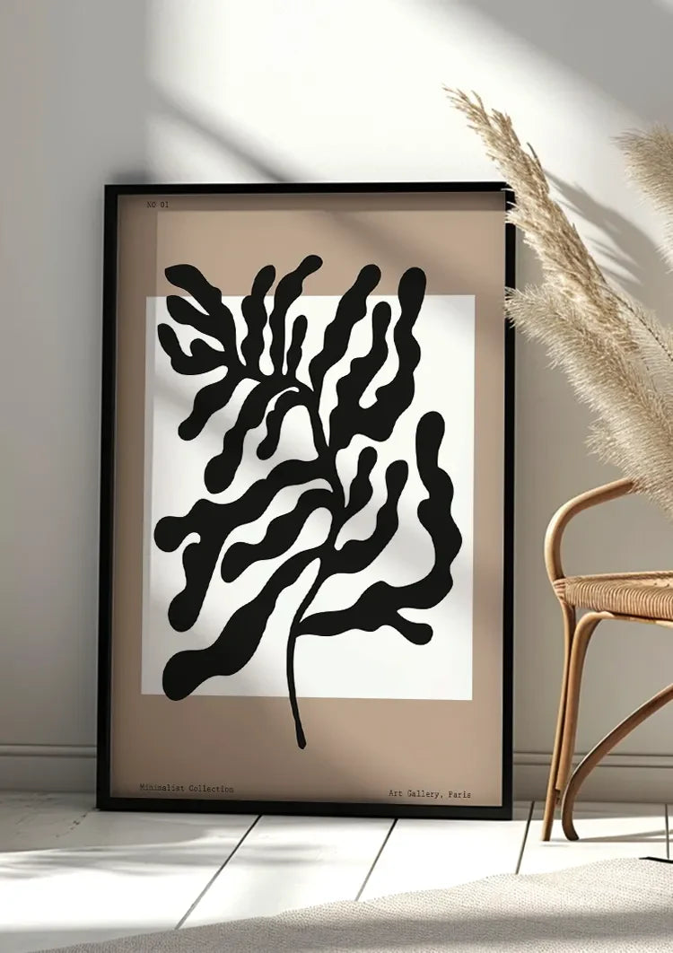 Zwarte Abstracte Bladvormen Beige Expressief Organisch Botanisch Kunst Schilderij