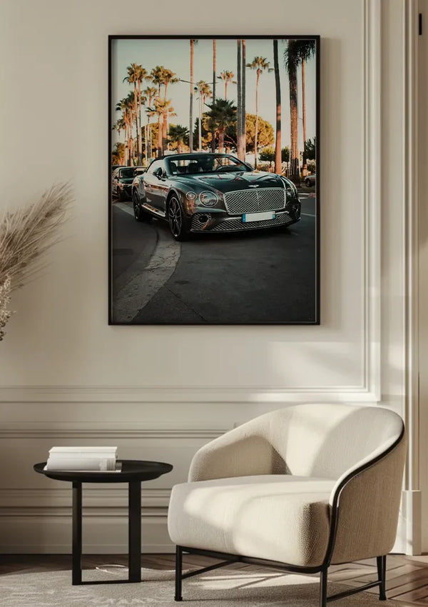 Grauer Bentley Cabrio Palmen Straße Sonnenuntergang Gemälde