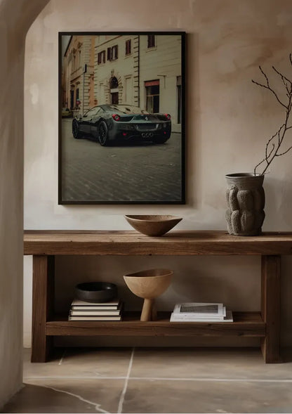 Schwarzer Ferrari 458 Alte Europäische Stadtstraße Kopfsteinpflaster Gemälde