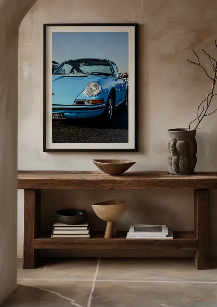 Vintage Hellblauer Porsche 911 Klassisch Sonnenschein Blauer Himmel Gemälde