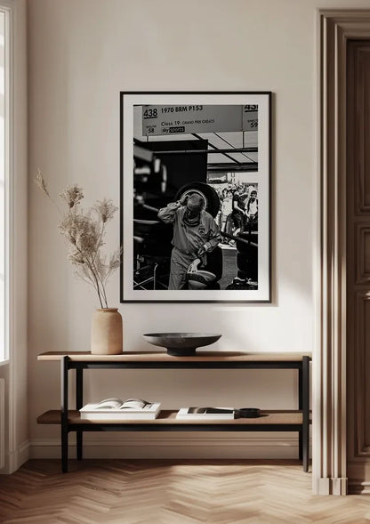 Elderly Driver Removes Helmet Formula 1 Paddock Black White Painting
