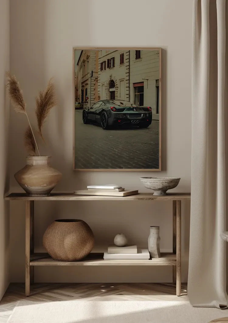 Schwarzer Ferrari 458 Alte Europäische Stadtstraße Kopfsteinpflaster Gemälde