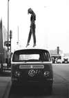 Black White VW Bus Person On Roof City Street Painting