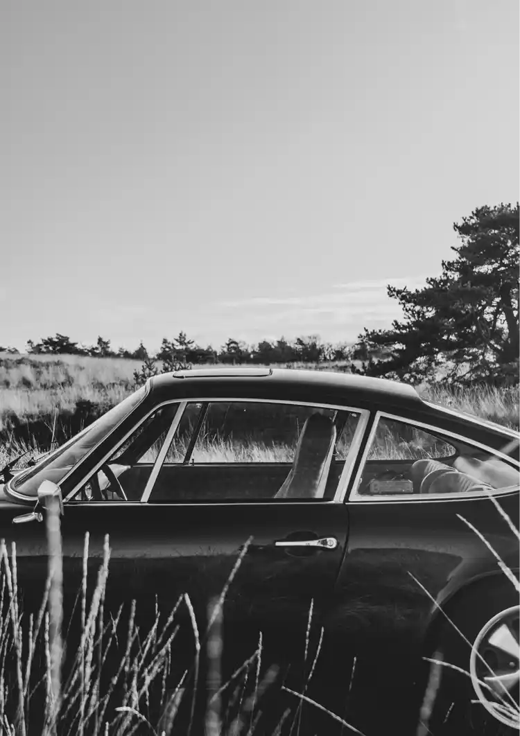 Klassischer Porsche Schwarz-Weiß Natur Feld Oldtimer Gemälde
