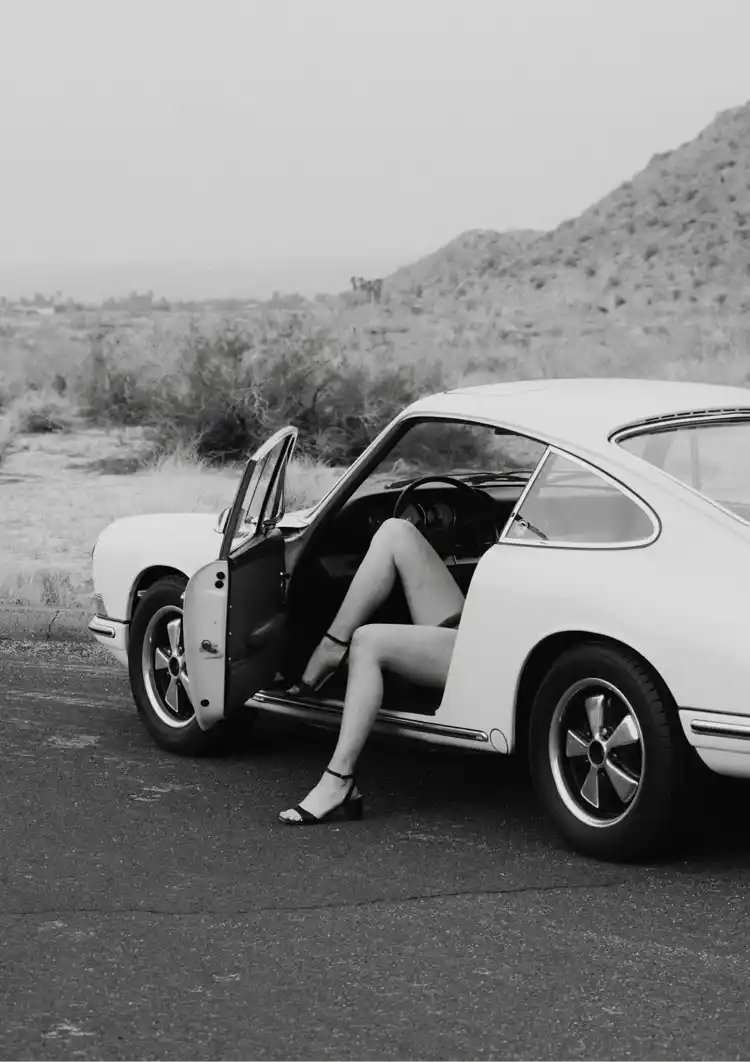 Woman In Vintage Porsche 911 Open Door Desert Landscape Black White Painting
