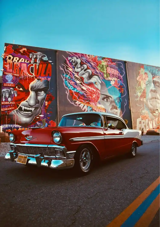 Classic Red American Car Colorful Street Art Mural Painting
