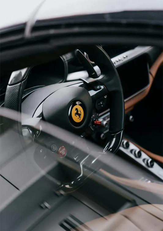 Sportwagen cockpit canvas schilderij met leren stuurwiel en technisch dashboard