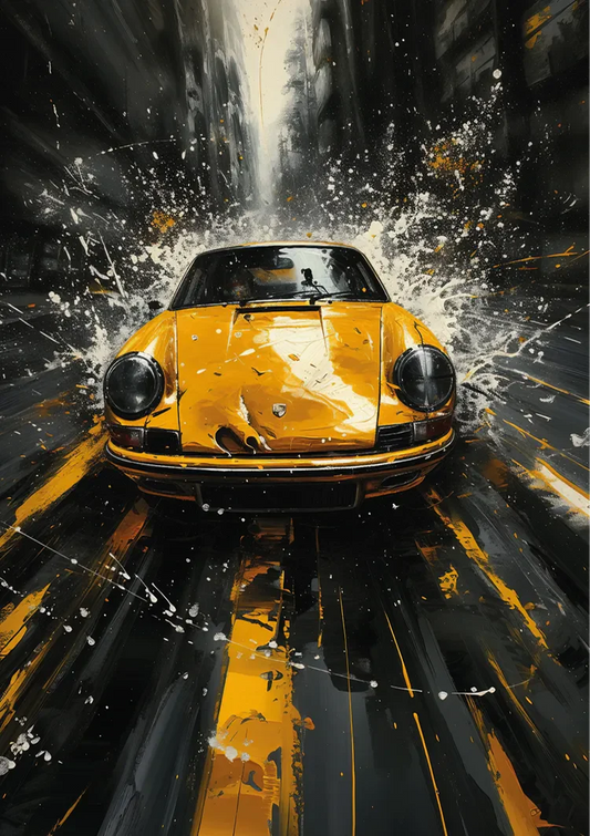 Gele sportwagen canvas schilderij met waterplons op een donkere stedelijke straat