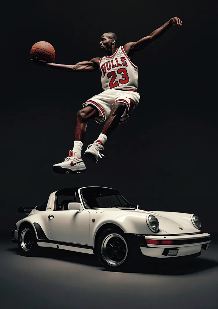 Basketball Player Jumps Over White Porsche Black Dramatic Art Painting