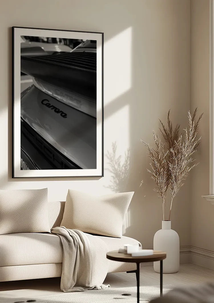 Porsche Carrera Embleem Close Up Zwart Wit Achterkant Schilderij