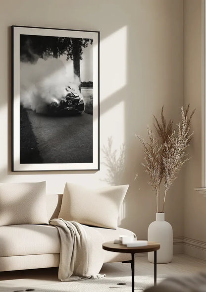 Mercedes AMG Burnout Dikke Rook Zwart Wit Dramatisch Straatfotografie Schilderij