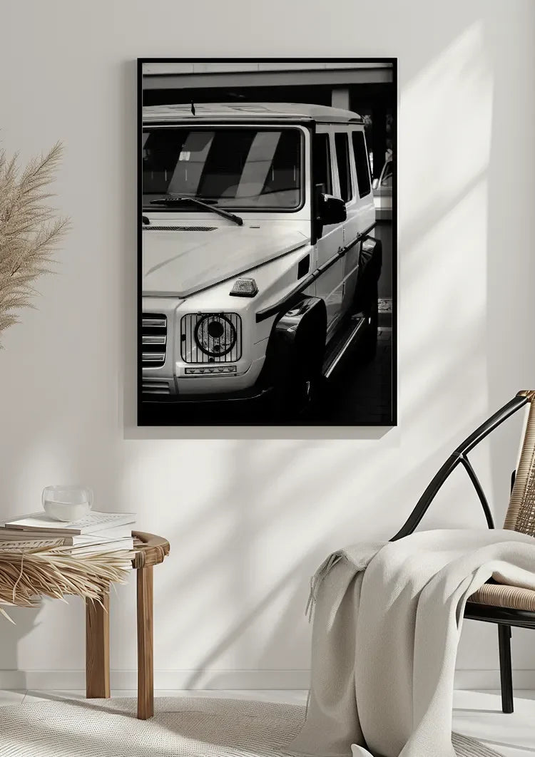 White Mercedes G Class Black and White Close Up Front Painting