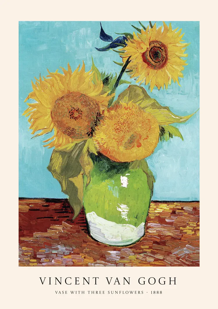 Van Gogh Zonnebloemen Groene Vaas Blauwe Achtergrond Schilderij