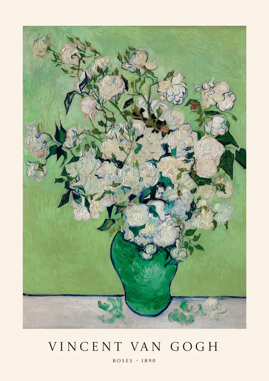 Witte rozen canvas schilderij in wit en groen, met expressieve toets