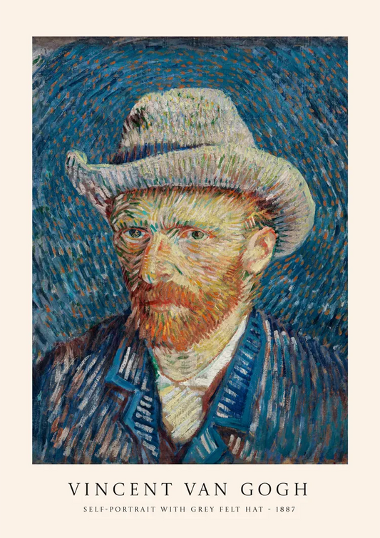 Van Gogh zelfportret met hoed canvas schilderij in grijze en blauwe tinten