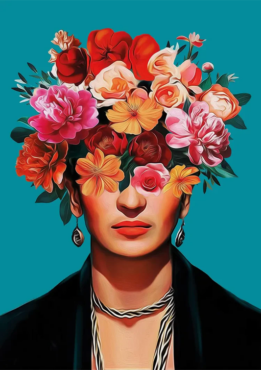 Vrouw met kleurrijke bloemenkroon canvas schilderij op een turquoise achtergrond