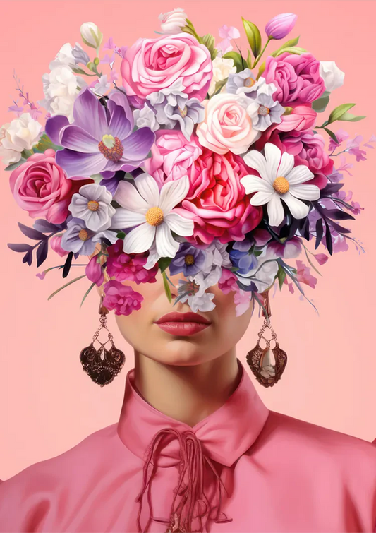 Vrouw met roze bloemenboeket canvas schilderij op een warme roze achtergrond
