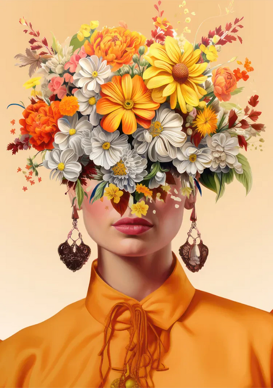 Vrouw met bloemenkroon canvas schilderij in oranje blouse met een weelderig kleurrijk bloemenboeket
