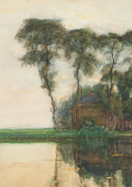 Sereen bomenlandschap canvas schilderij met een rustige weerspiegeling in het water