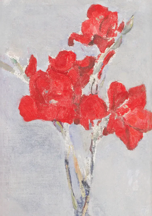 Rode bloemen canvas schilderij met expressieve penseelstreken op een lichtgrijze achtergrond