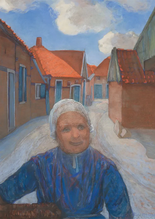 Oudere vrouw in blauwe jurk canvas schilderij in een smal dorpsstraatje met terracotta tinten