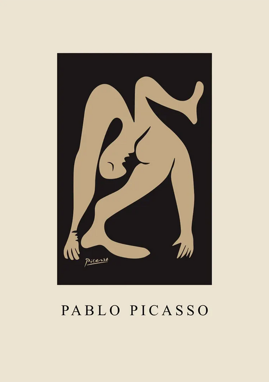 Abstracte Picasso figuur canvas schilderij in beige tinten op een zwarte achtergrond