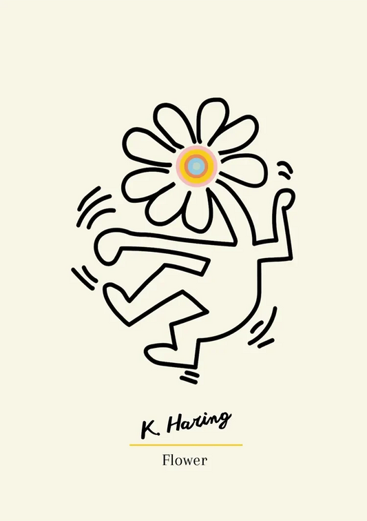 Figuur met een bloemhoofd canvas schilderij in zwart, oranje en turquoise, minimalistische stijl